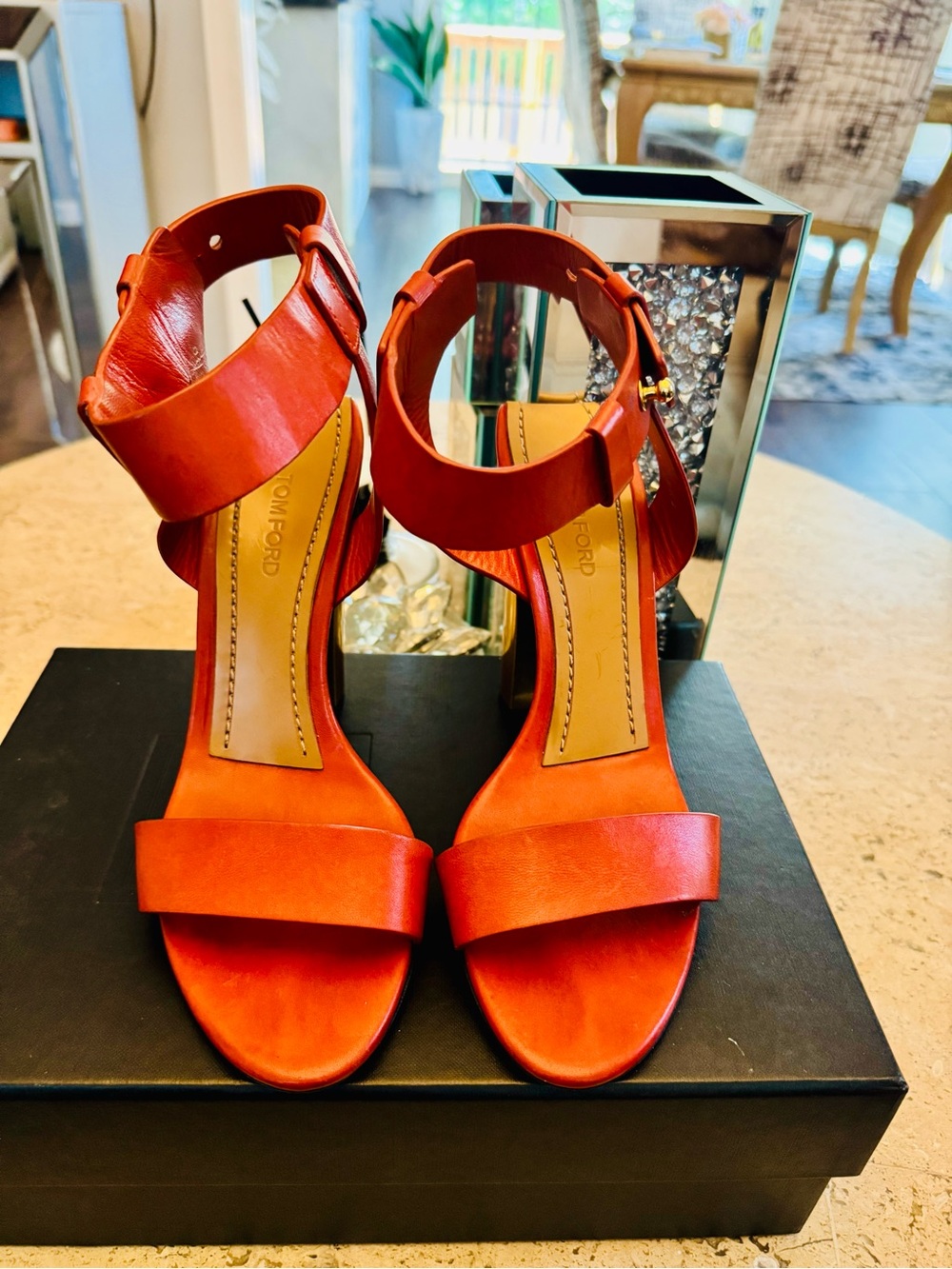 Tom Ford Burnt Orange Leather Ankle Strap Sculptural Heel Sandals Size 40